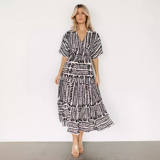 Langes, gestreiftes Retro-Kleid für Damen im Bohemian-Stil mit hoher Taille und bedruckten Ärmeln