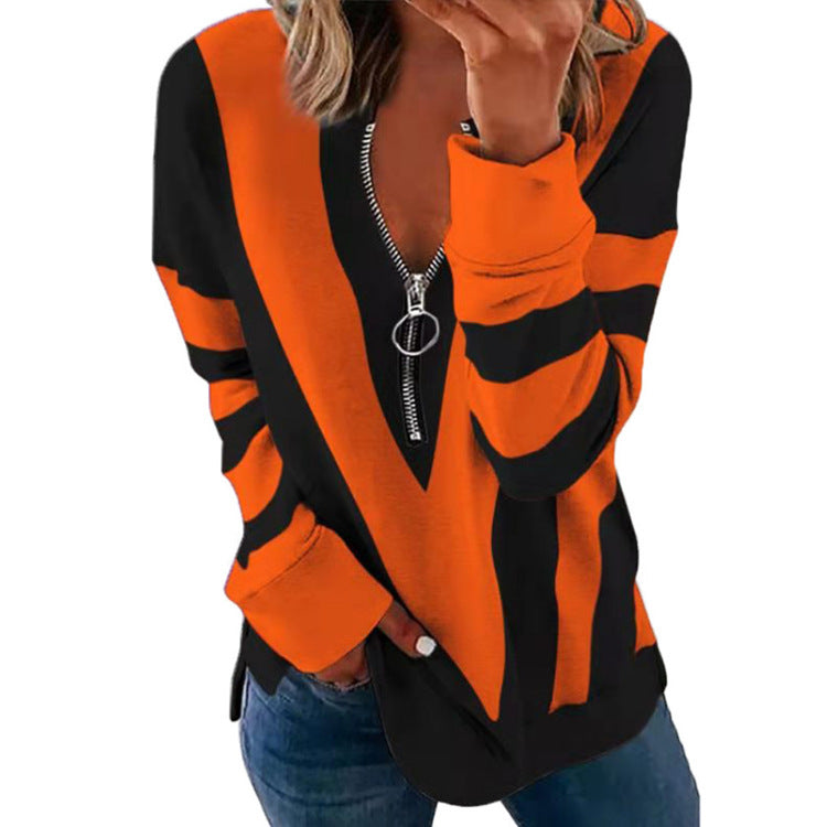 Women's V-neck Zipper Personalized Printed Long-sleeved Blouses