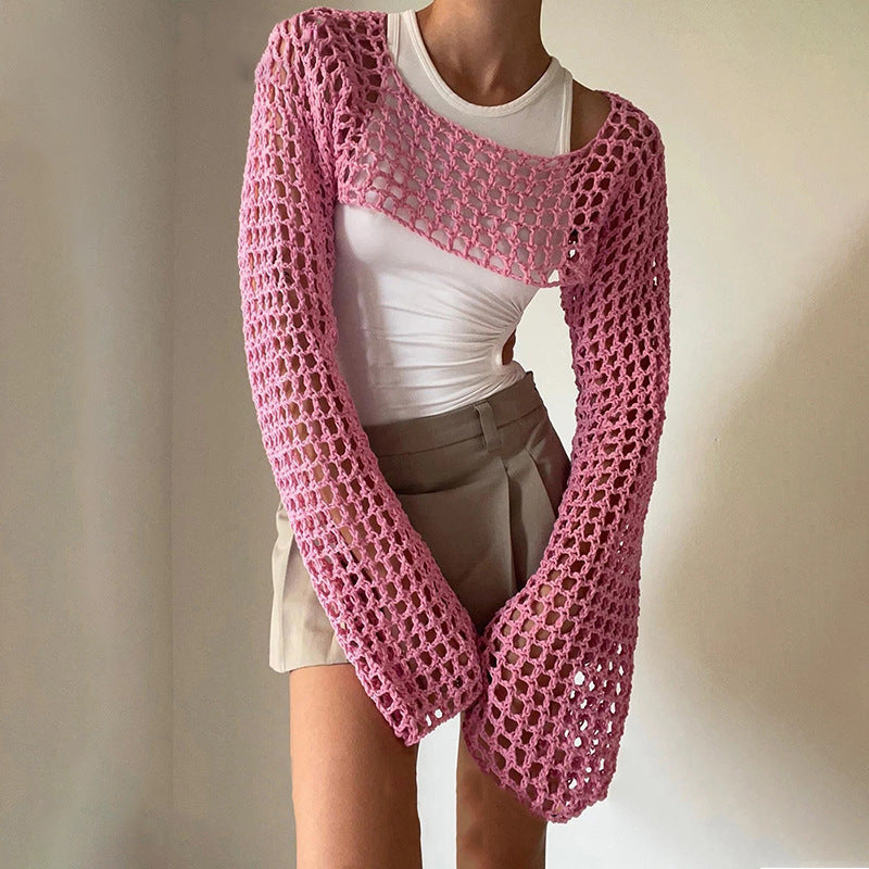 Women's Autumn Hand Crochet Casual Bell Sleeve Sexy Knitwear