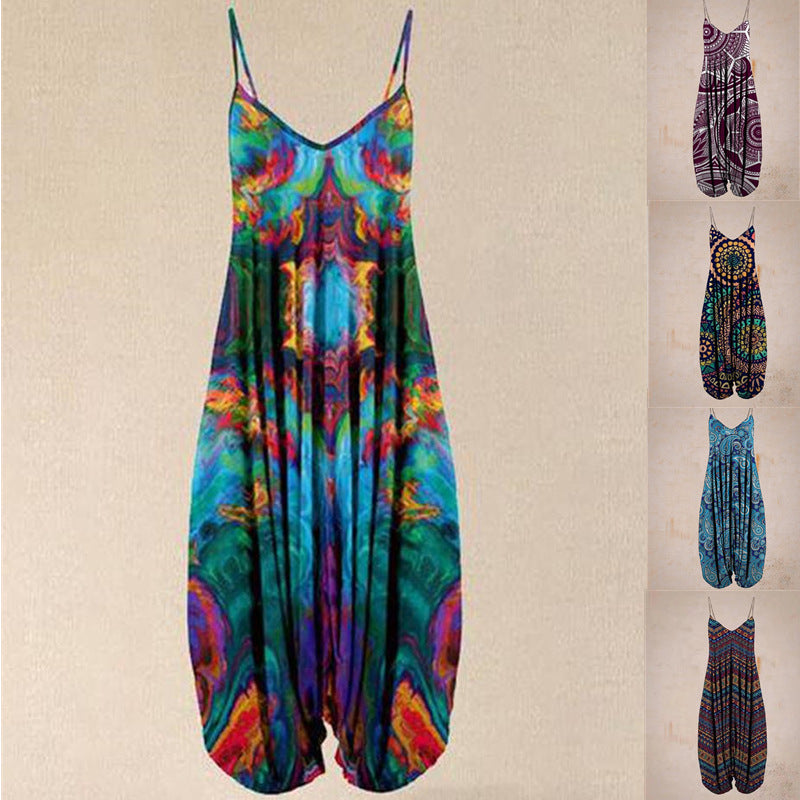 Beautiful Women's Print Suspenders Beach Loose Jumpsuits