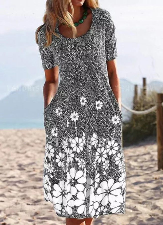 Women's Casual Round Neck Vintage Floral Sleeve Dresses