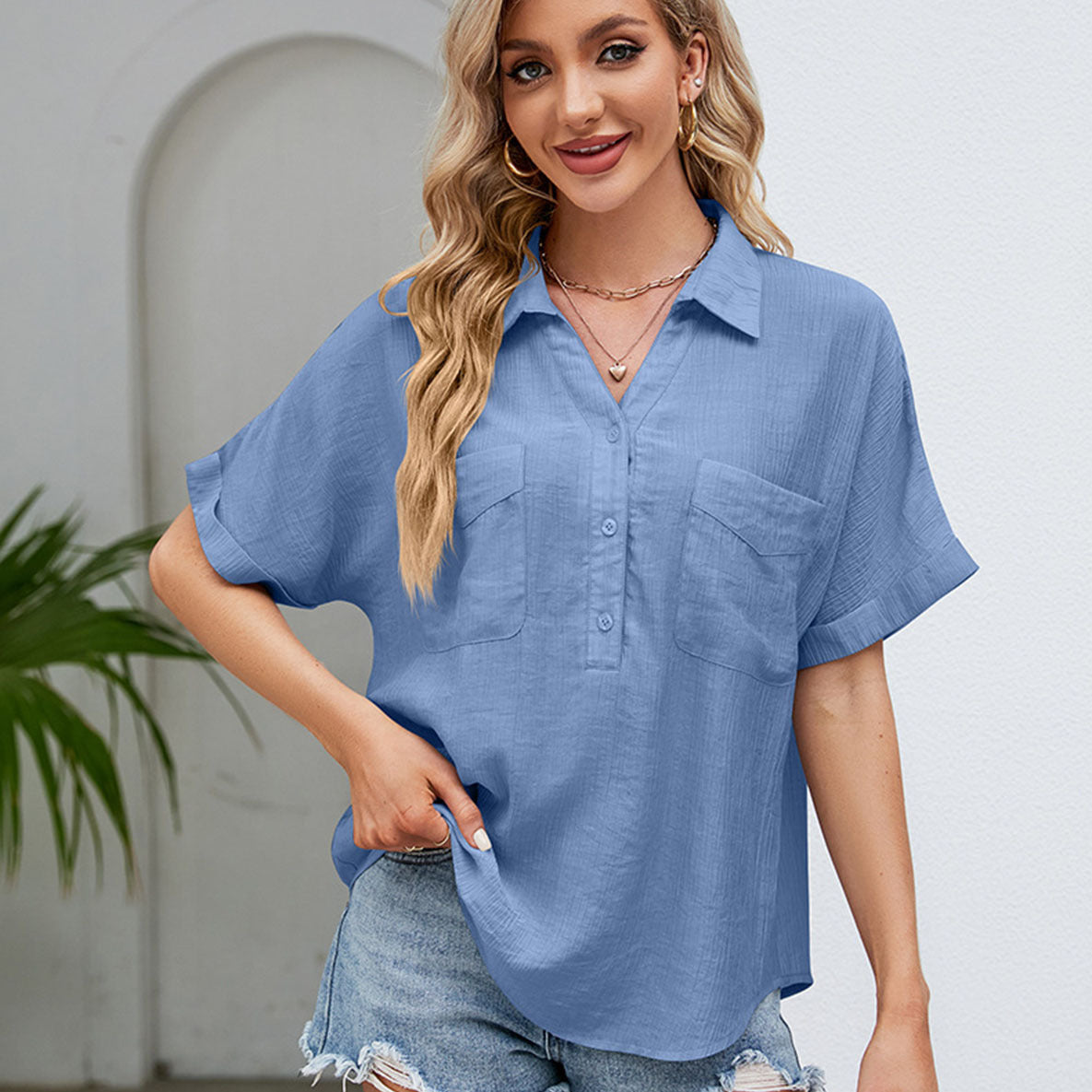 Women's Cotton Linen Shirt Sleeve Buckle With Blouses