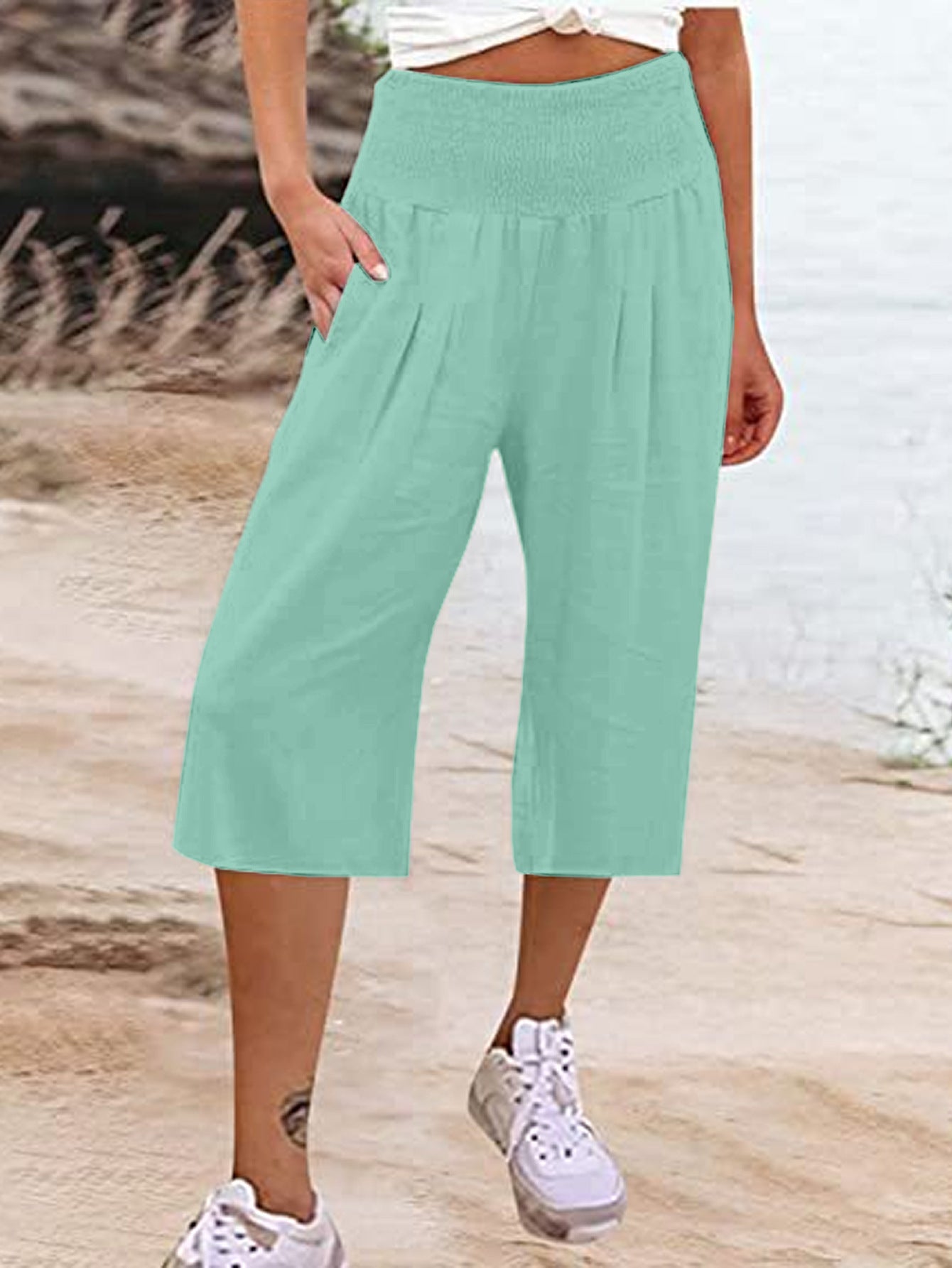 Women's Linen Cropped Waist Smocking Thin Pocket Pants