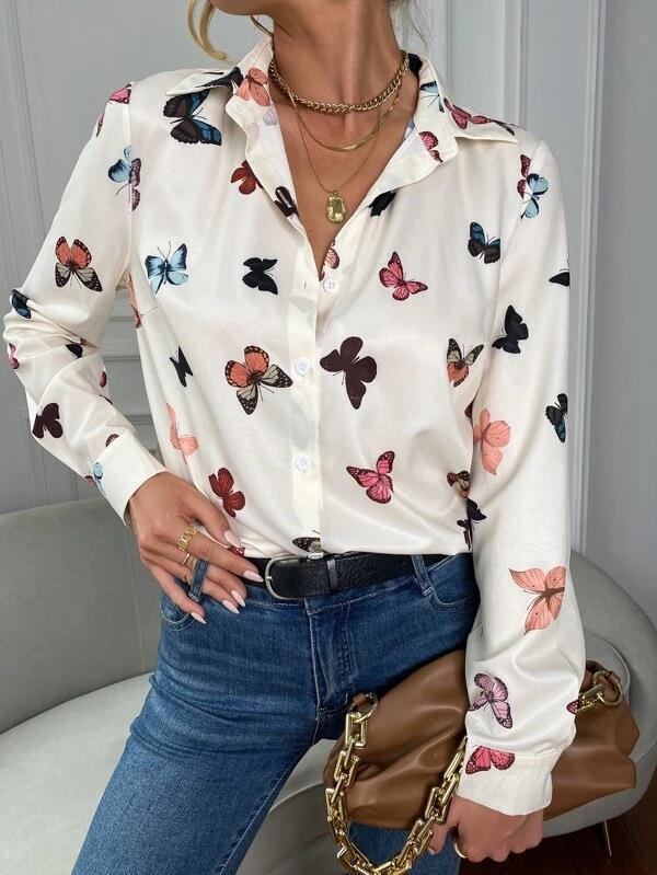 Women's Fashionable Printed Long-sleeved Shirt Butterfly Printing Blouses