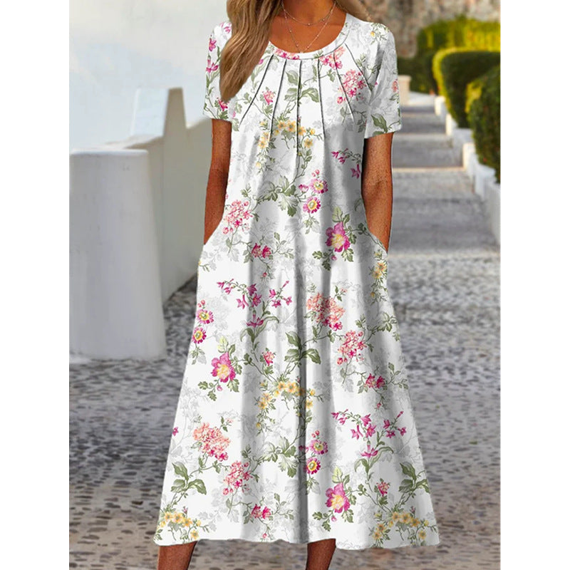 Pleated Pocket Elegant Printed Sleeve Mid-length Dresses