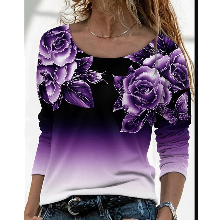 Women's Long Sleeve Loose Neck Casual Pullover Print Blouses