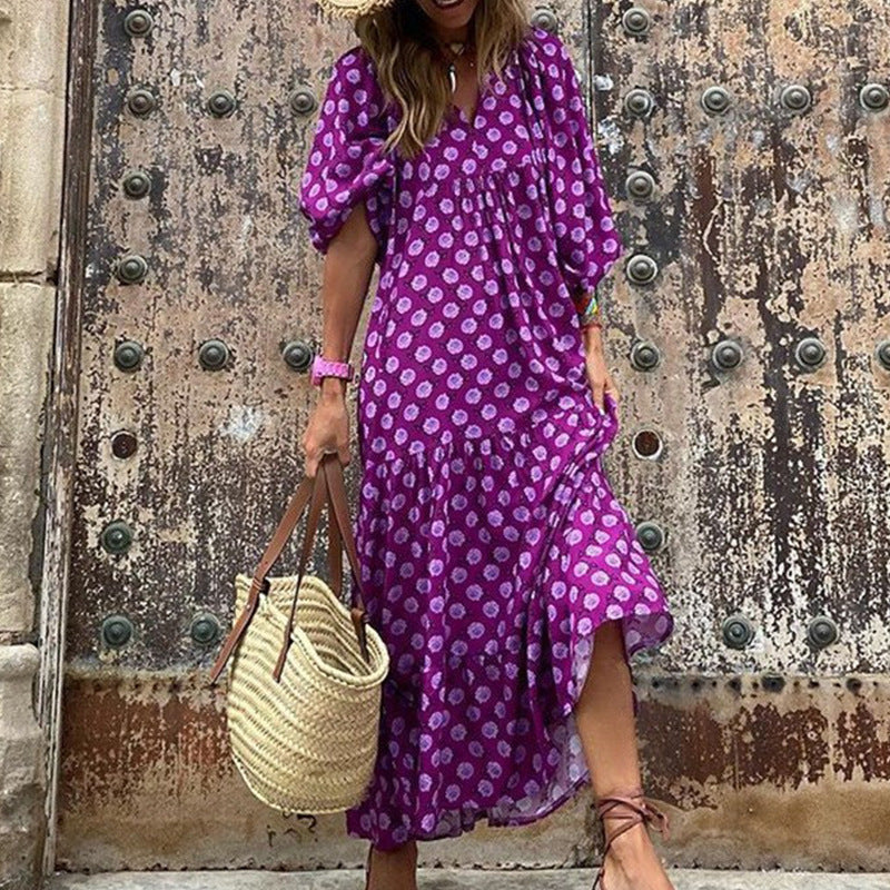 Women's Fashion Bohemian Lantern Sleeve Temperament Printed Dresses