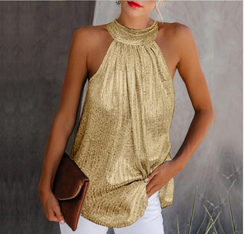 Women's Double Halter Zipper Sleeveless T-shirt Casual Blouses