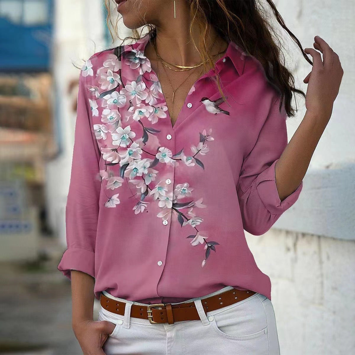 Chemise à fleurs pour femmes, chemisiers longs imprimés à revers de printemps