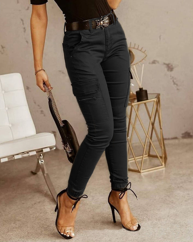 Pantalon à poches de couleur unie pour femmes, taille basse, boutons