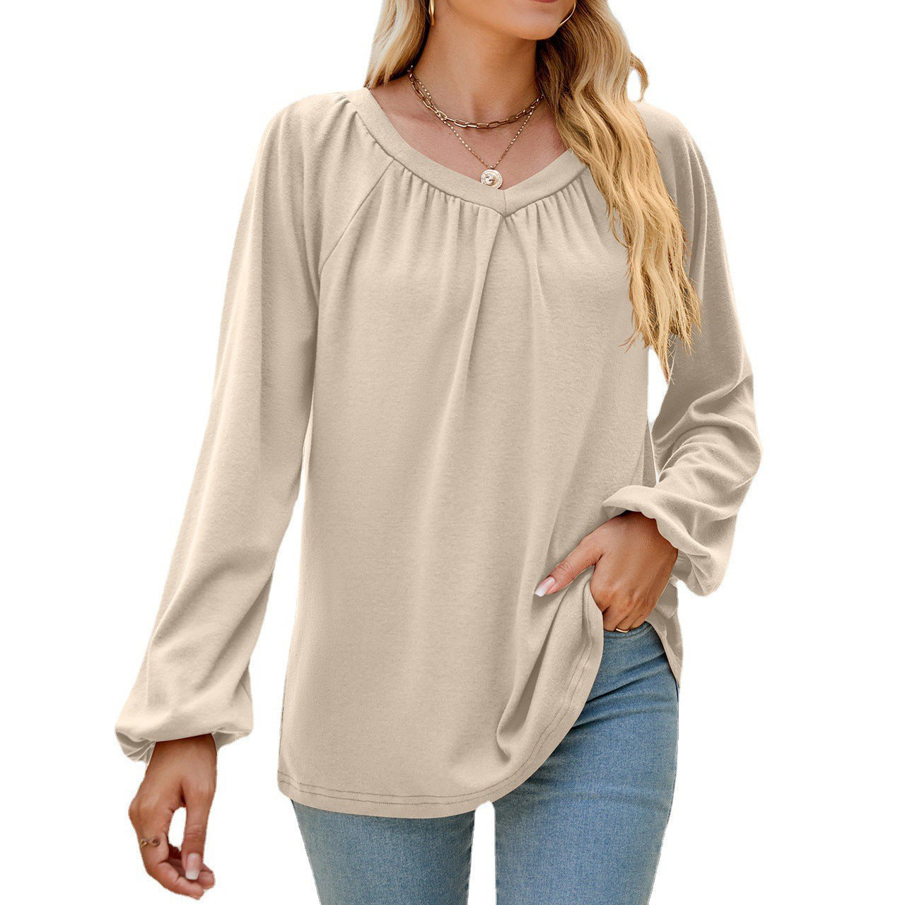 Women's Solid Color Long-sleeved V-neck Loose Pleated Tops