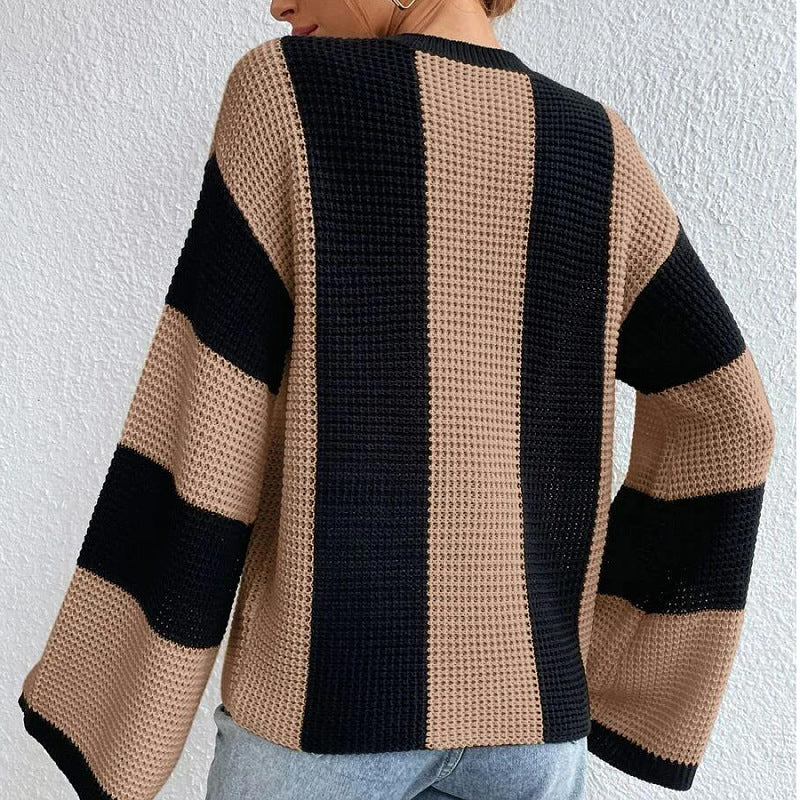 Women's Western Style Knitted Round Neck Striped Design Sweaters