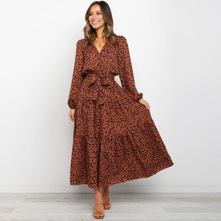 Women's Autumn Leopard Print Long Sleeve Loose Dresses