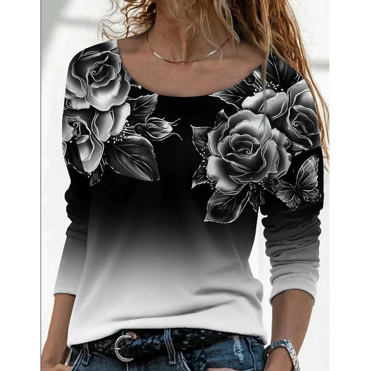 Women's Long Sleeve Loose Neck Casual Pullover Print Blouses