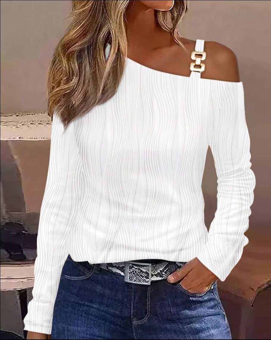 Women's Autumn Simple Metal Buckle Shoulder Collar Blouses