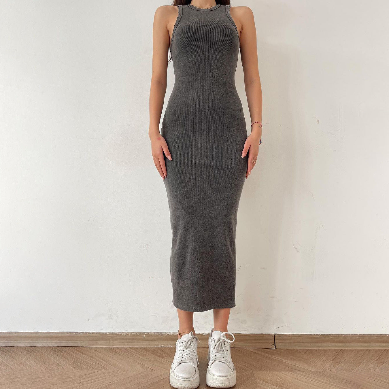 Women's Neck Dress Waste Soil Mid-length Basic Dresses