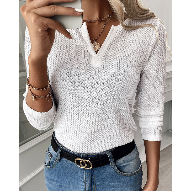 Long Sleeve Waffle Grid Solid Color Blouses