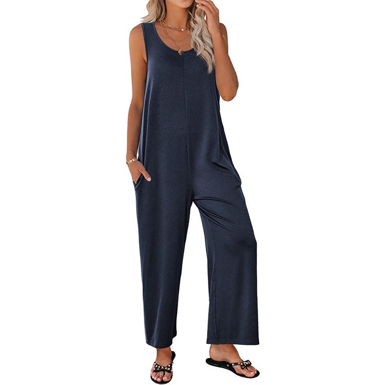 Women's Sling Loose Straight Solid Color Wide Jumpsuits