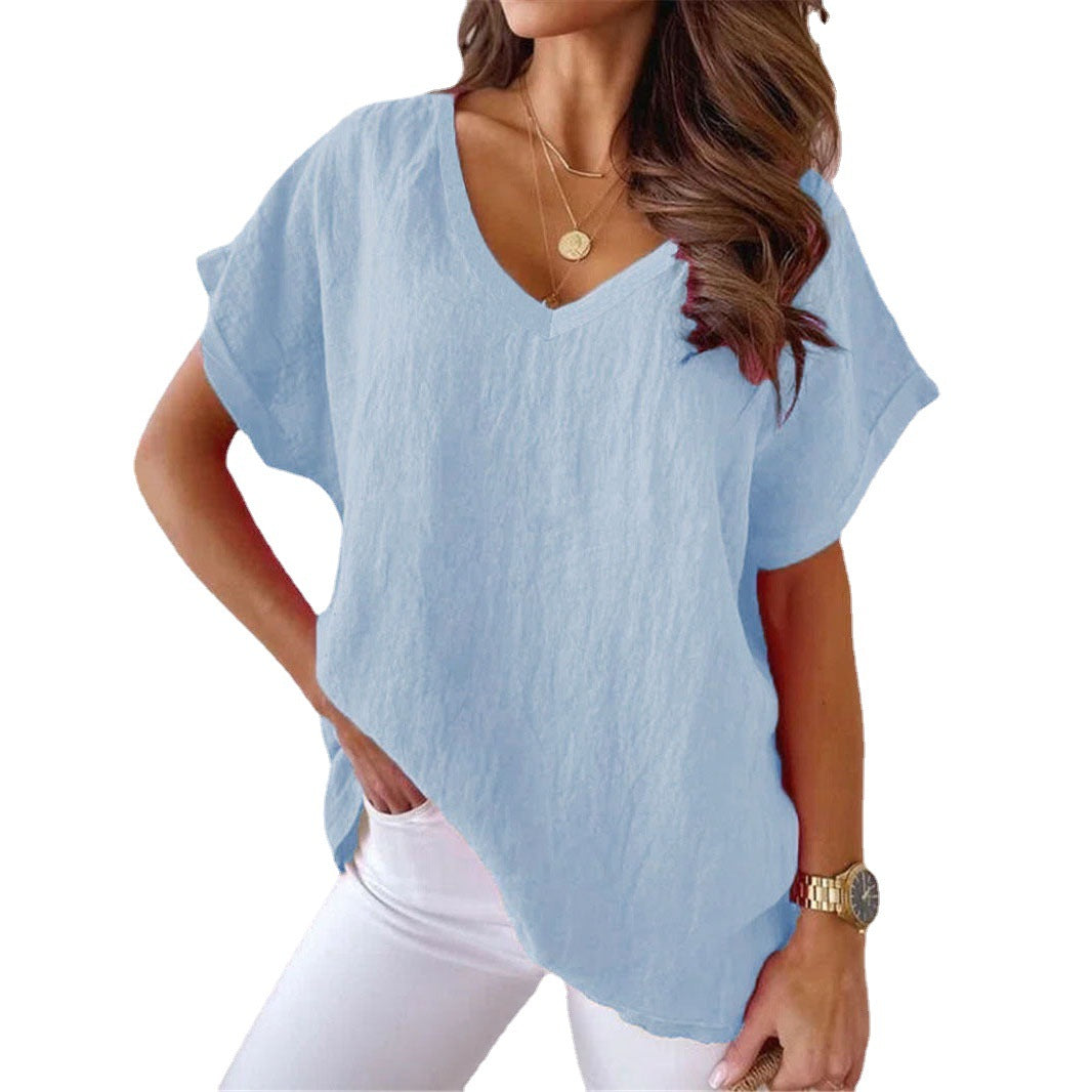 Women's Sleeve V-neck Solid Color Cotton Linen Blouses