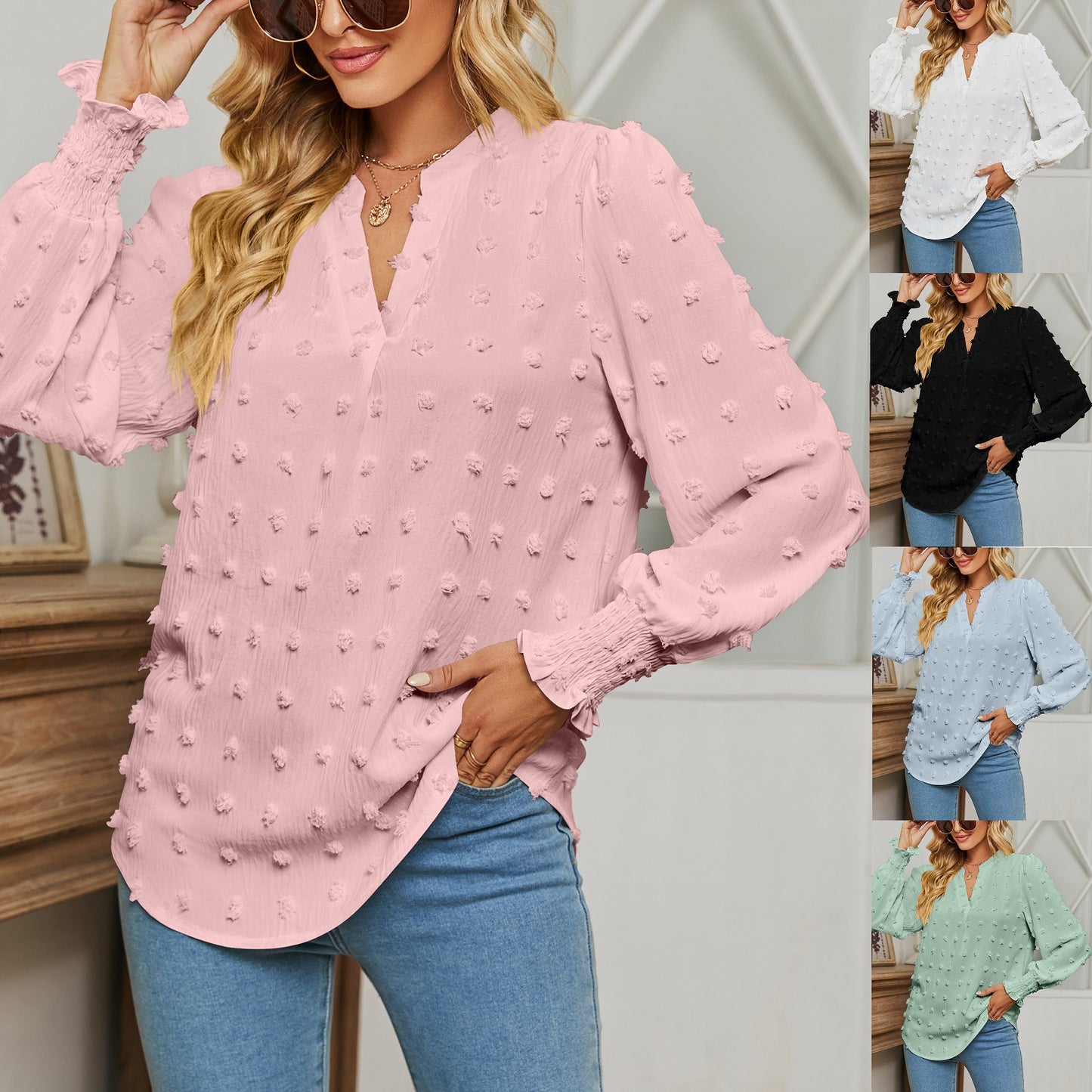 Women's Autumn Polka Dot Long-sleeved Bubble Sleeve Blouses