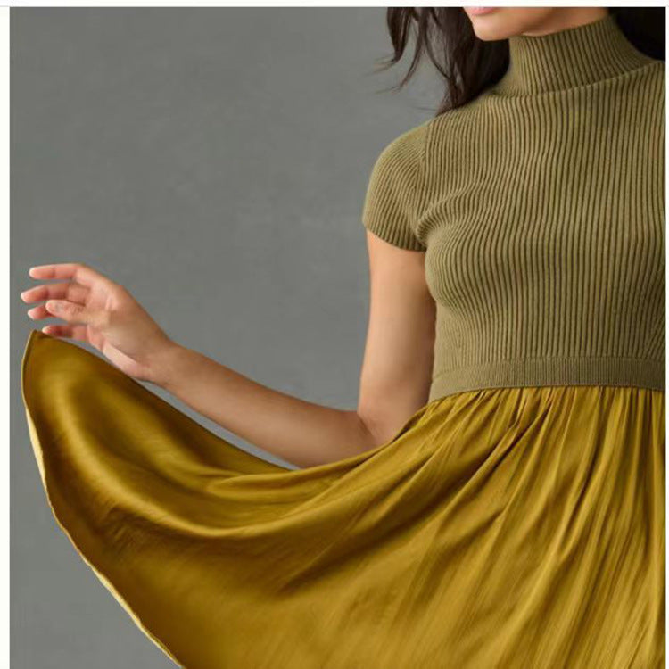 Women's Turtleneck Dress Sleeve Pleated Knitted Elegant Solid Color Slim Dresses