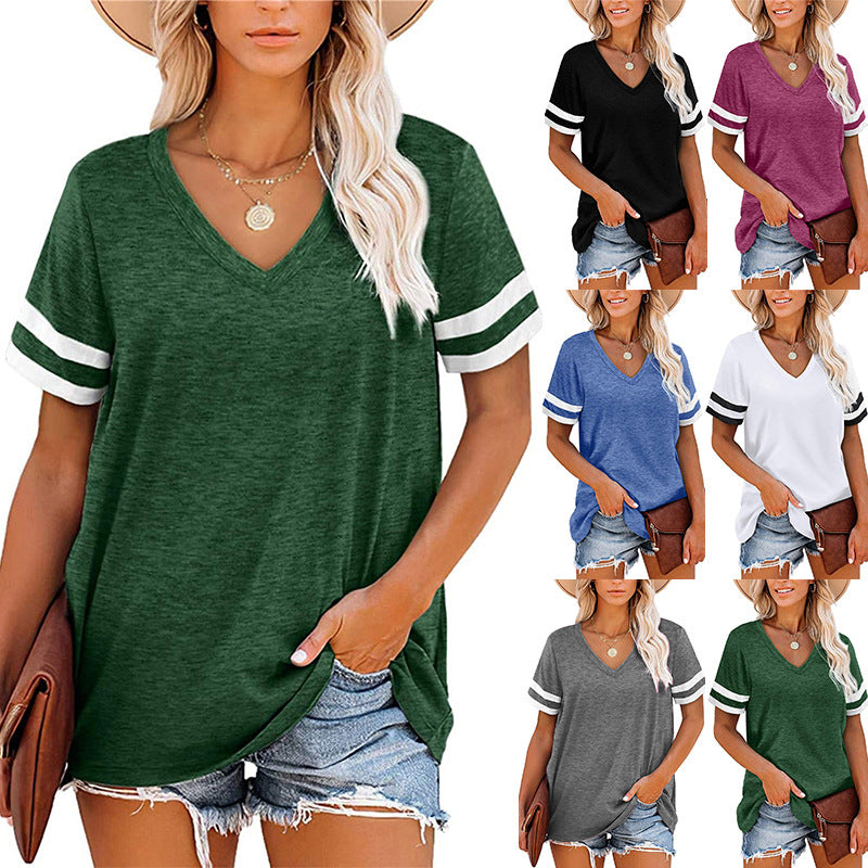 Women's Summer V-neck Sleeve Color T-shirt Loose Shorts