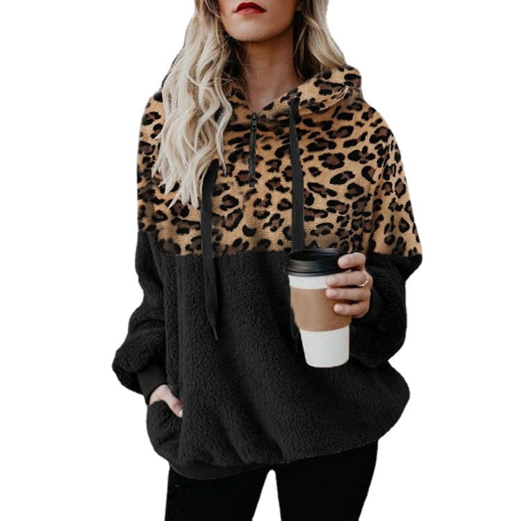 Vielseitiger Langarm Leopard Splicing Zip Plus Size