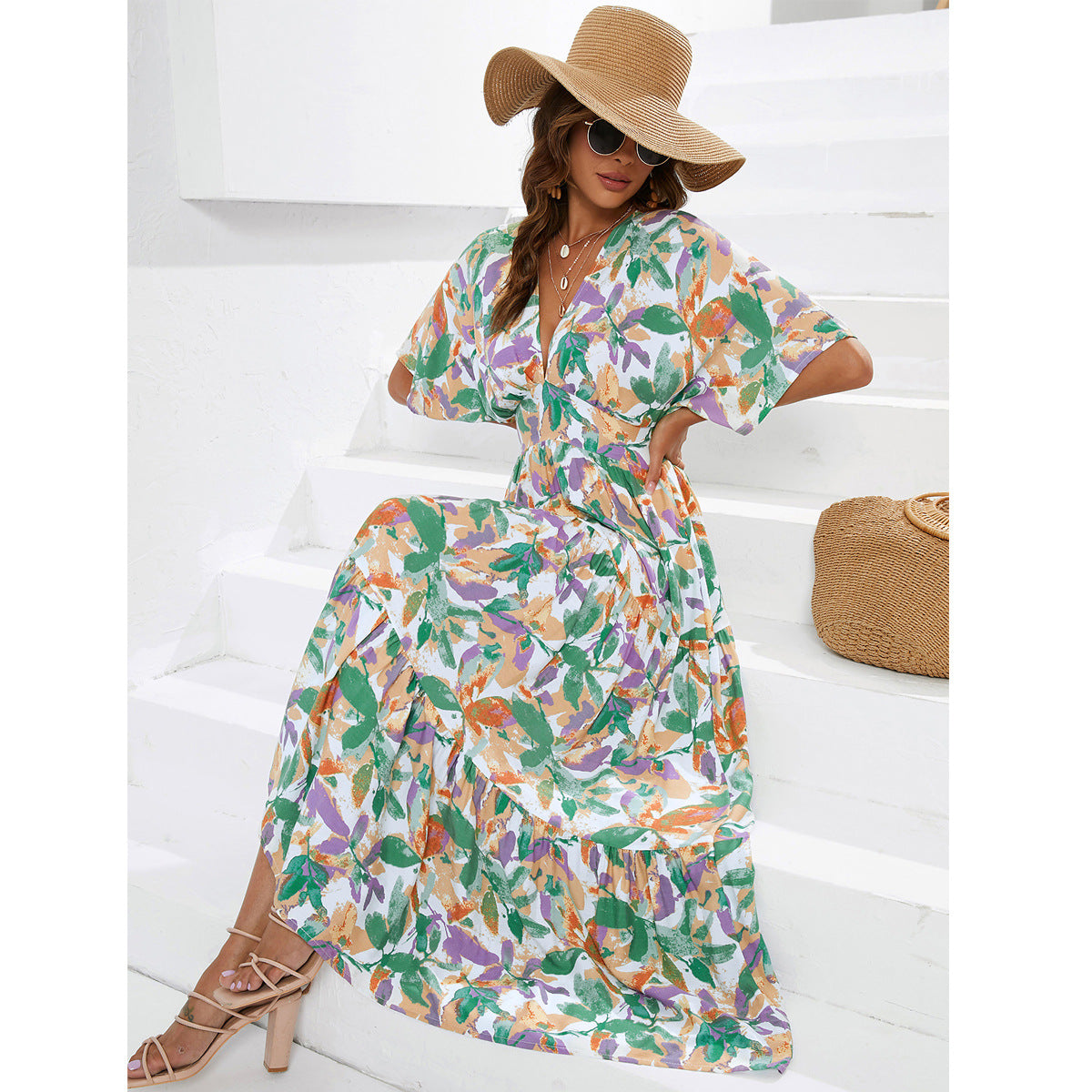 Women's Sleeve Deep V Waist Trimming Printing Dresses