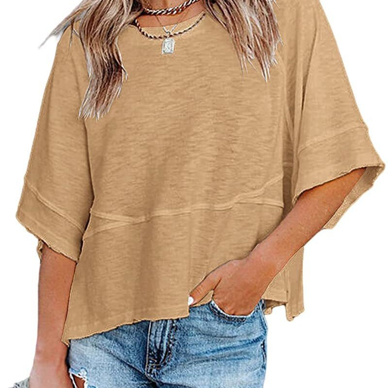 Stitching Solid Color Round Neck Bell Blouses