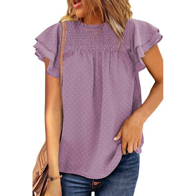 Women's Summer Solid Color Chiffon Loose Round Neck Pullover Sleeve Blouses