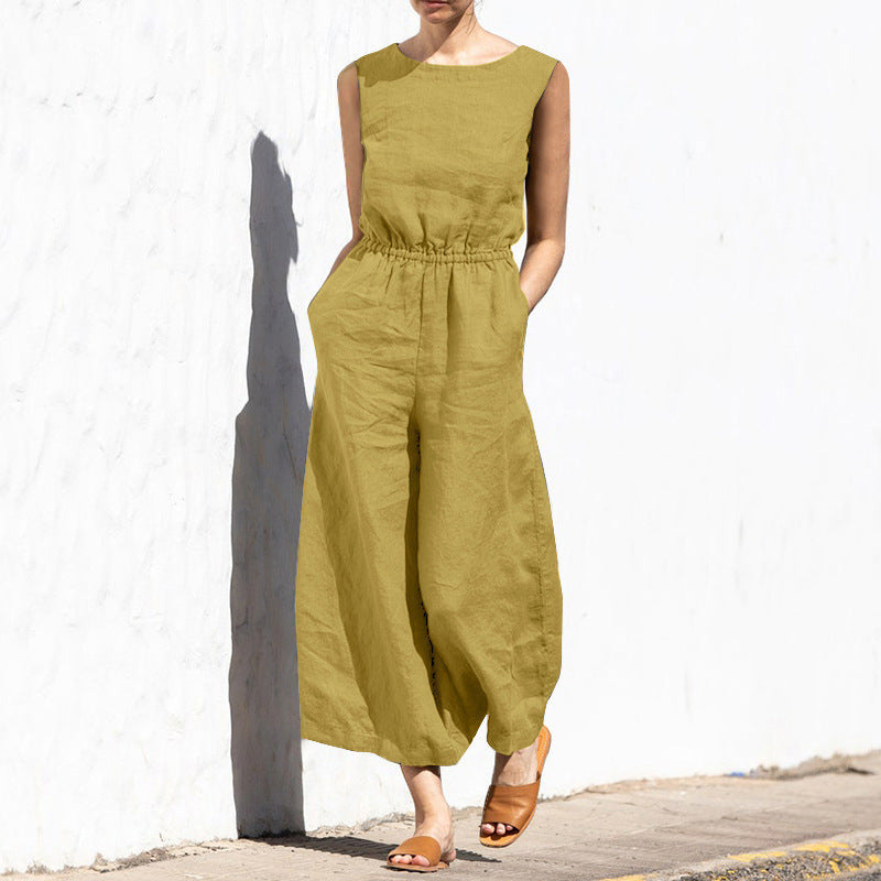 Einfarbiger, ärmelloser, schlankmachender Jumpsuit für den Sommer für Damen mit hoher Taille