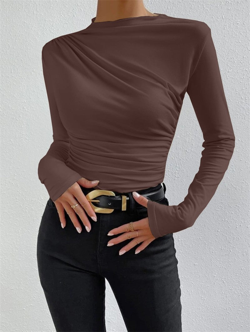 Women's Color Bottoming Shirt Versatile Pleated Design Blouses