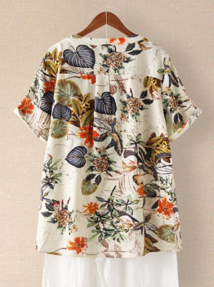 Women's Leaf Printed Sleeve Summer Retro Cotton Linen Blouses