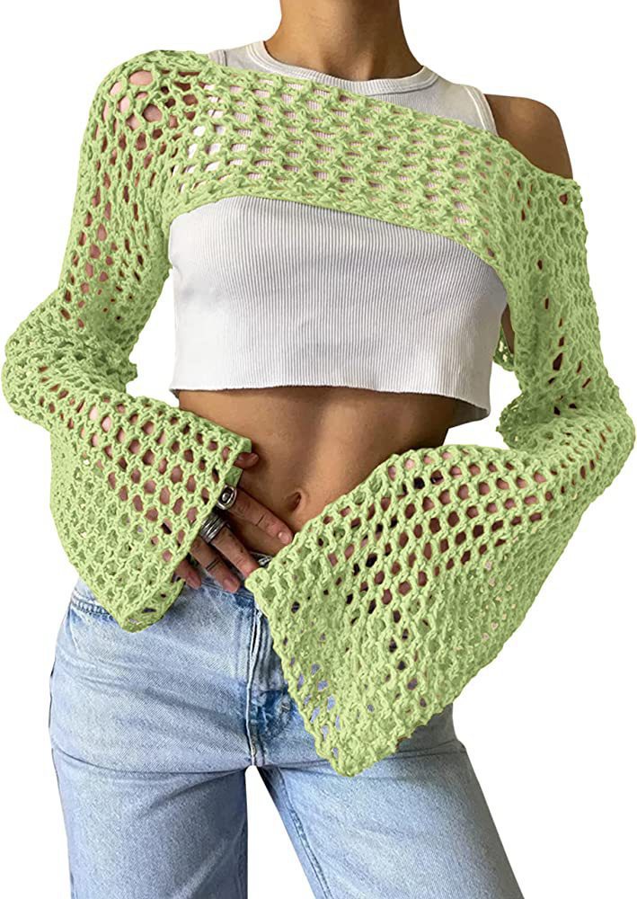 Women's Autumn Hand Crochet Casual Bell Sleeve Sexy Knitwear