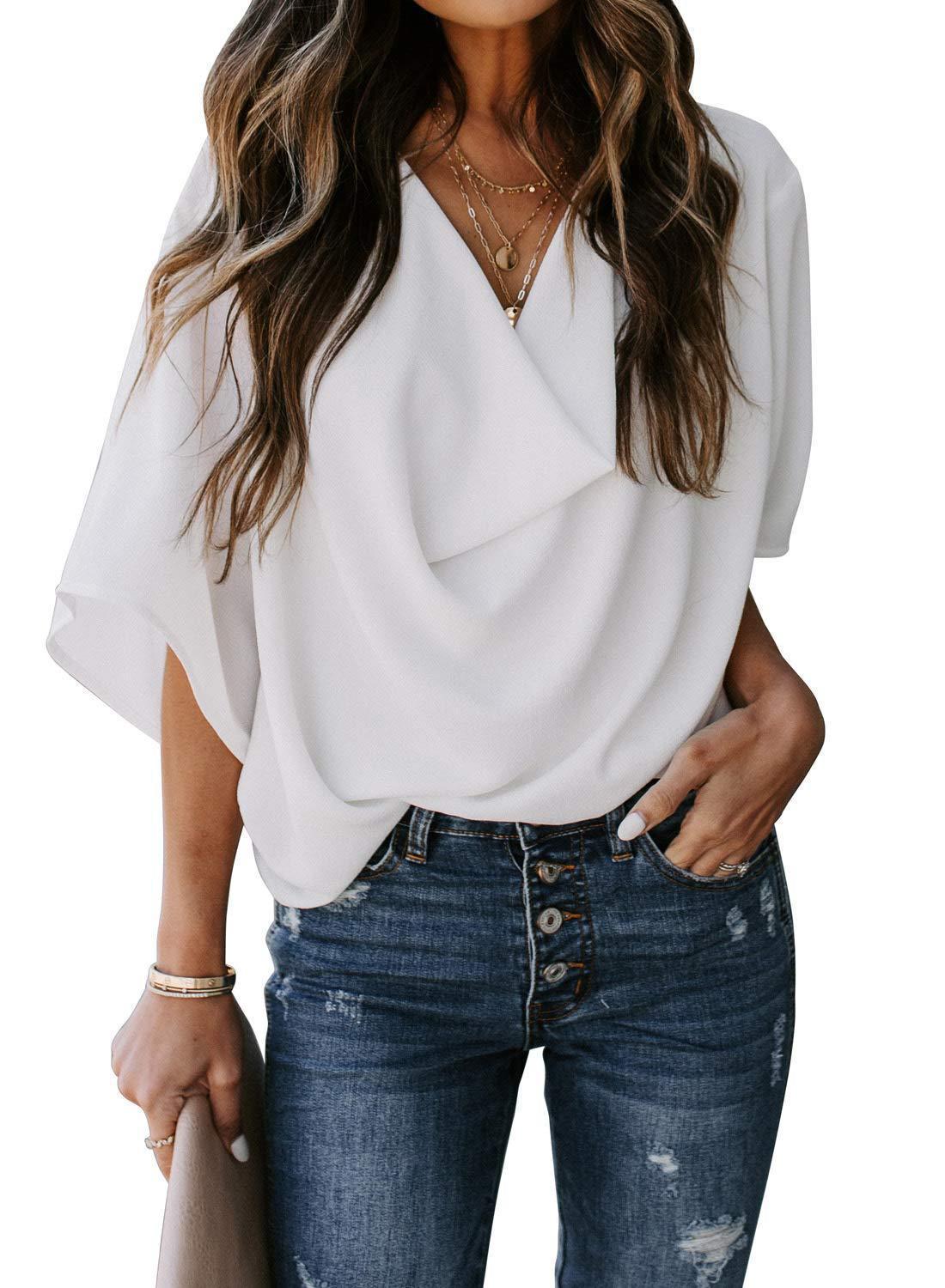 Women's Chiffon Loose V-neck Casual T-shirt Shirt Blouses