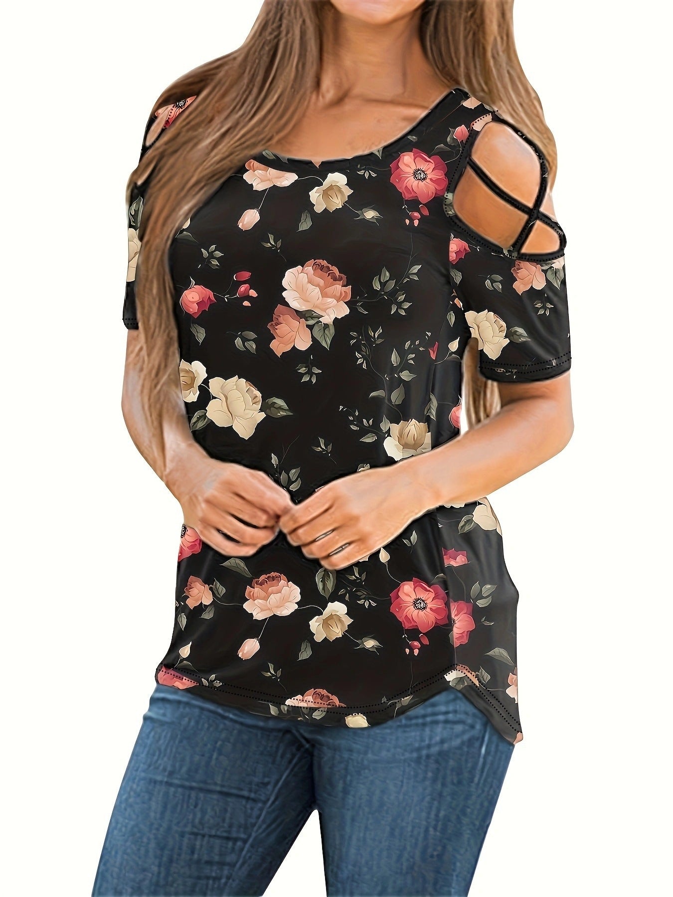 Women's Summer T-shirt Slimming Flower Print Blouses