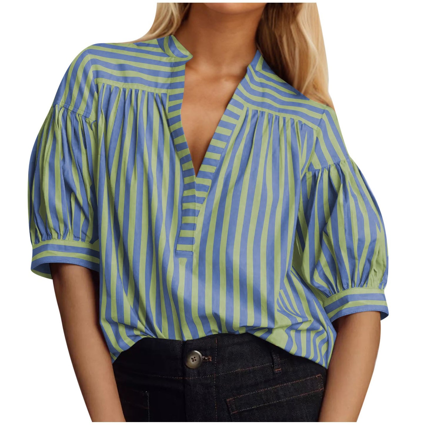 Women's Fashionable Loose Striped Shirt Sleeve Lantern Shorts