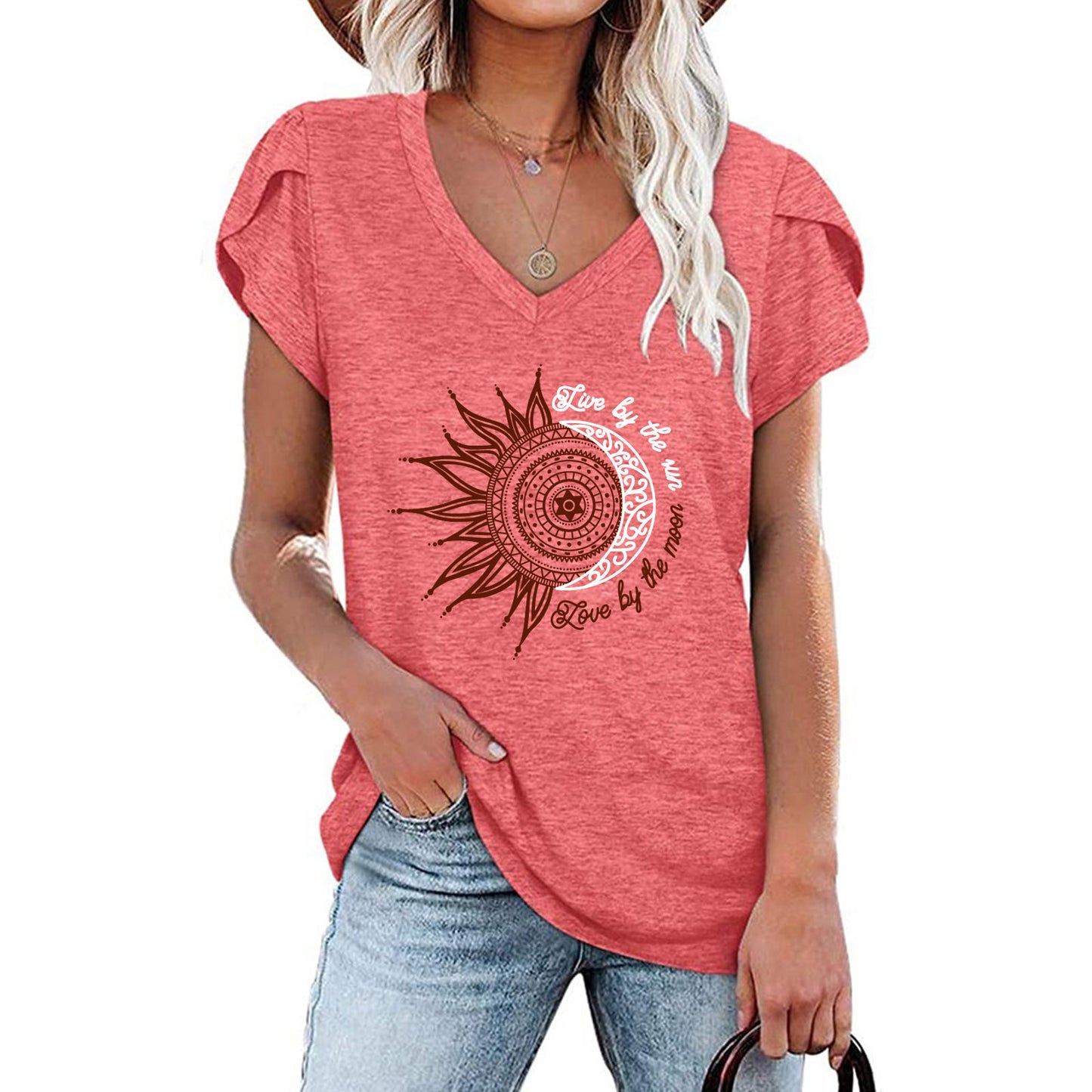 Women's Sunflower Printed Petal Short-sleeved T-shirt For Blouses