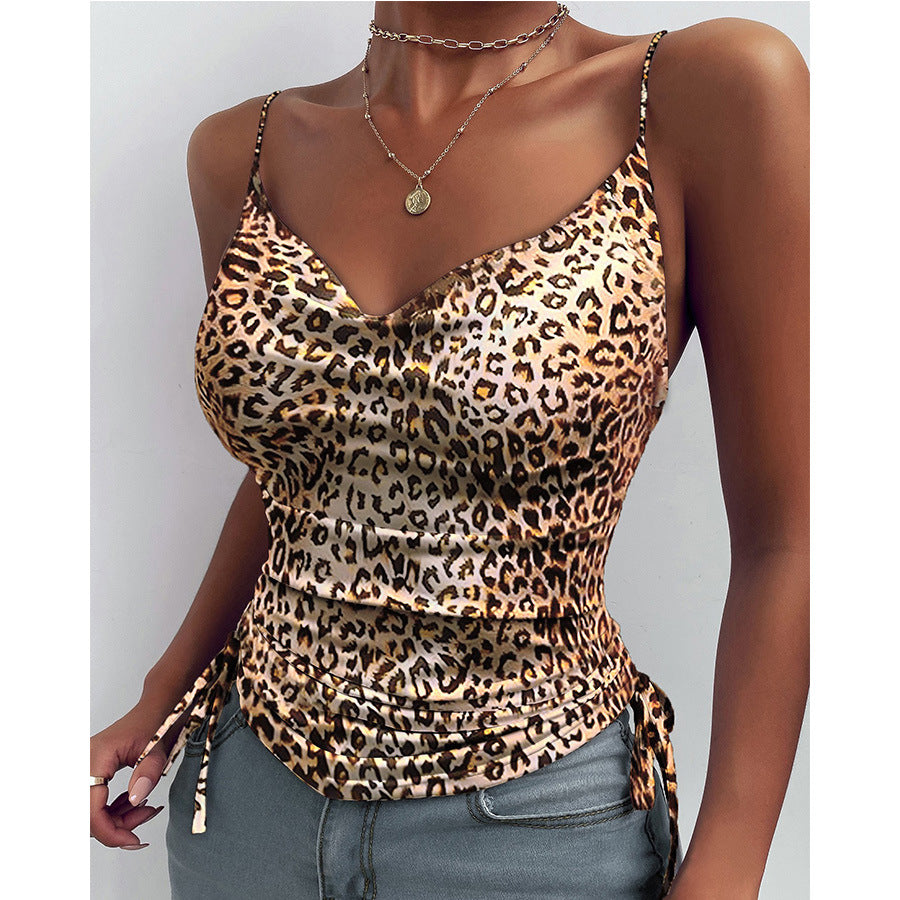 Printed Camisole Solid Color Deep V-neck Strap Tight Drawstring Leisure Tops