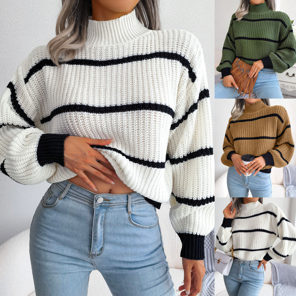 Women's Casual Striped Lantern Sleeve Half Turtleneck Sweaters