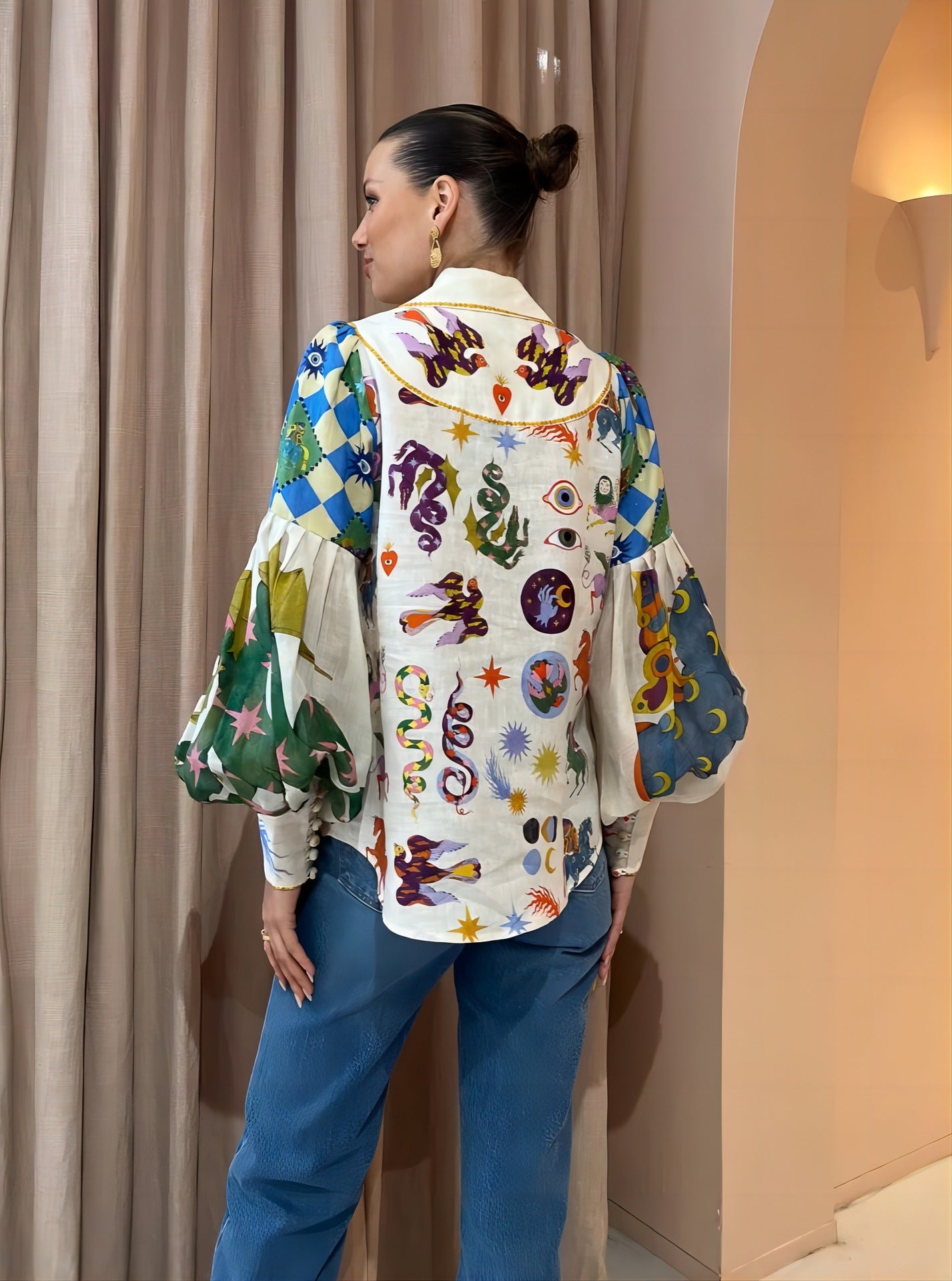 Personalized Graffiti Printing Lapel Lantern Sleeve Blouses