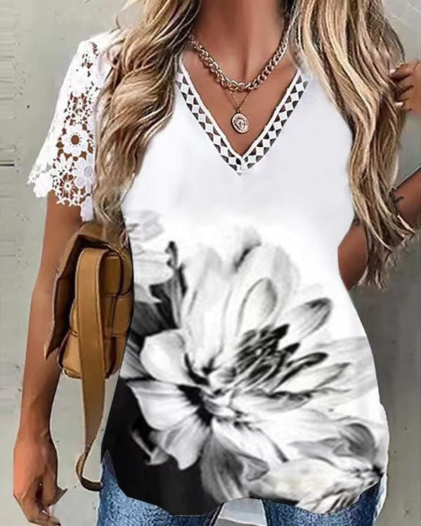 Women's Summer Sleeve Stitching Printing V-neck T-shirts Blouses