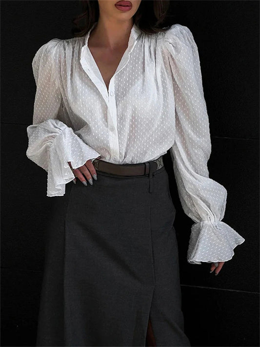 Jacquard Puff Sleeve Shirt Design Casual Fashion Blouses