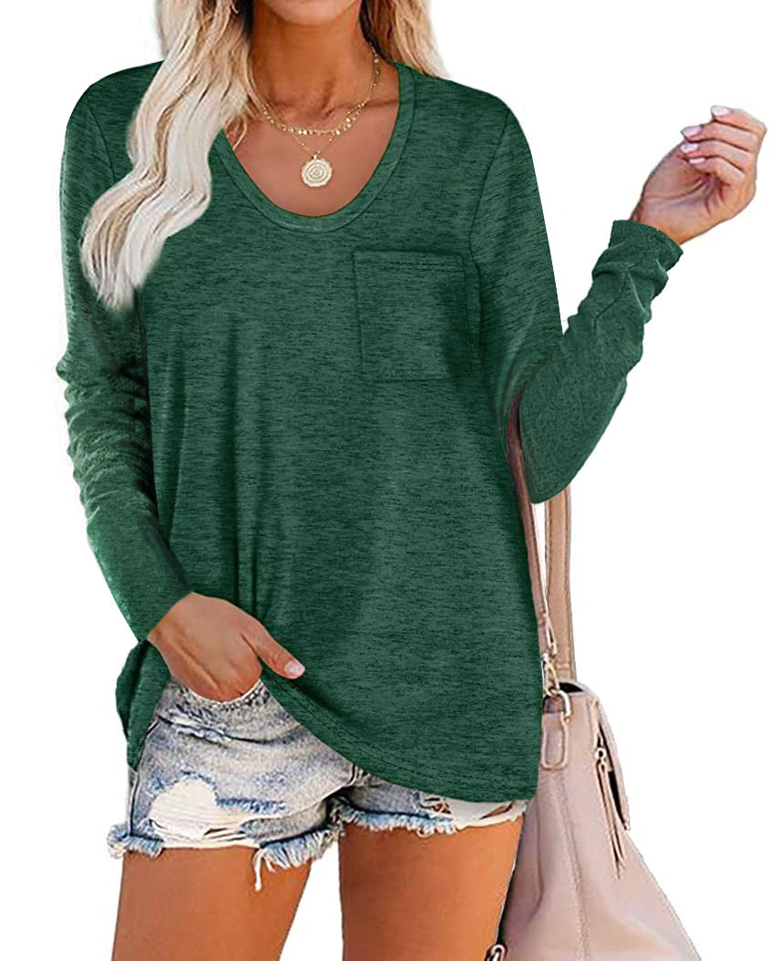 Women's T-shirt Round Neck Striped Pocket Long Sleeve Casual Tops