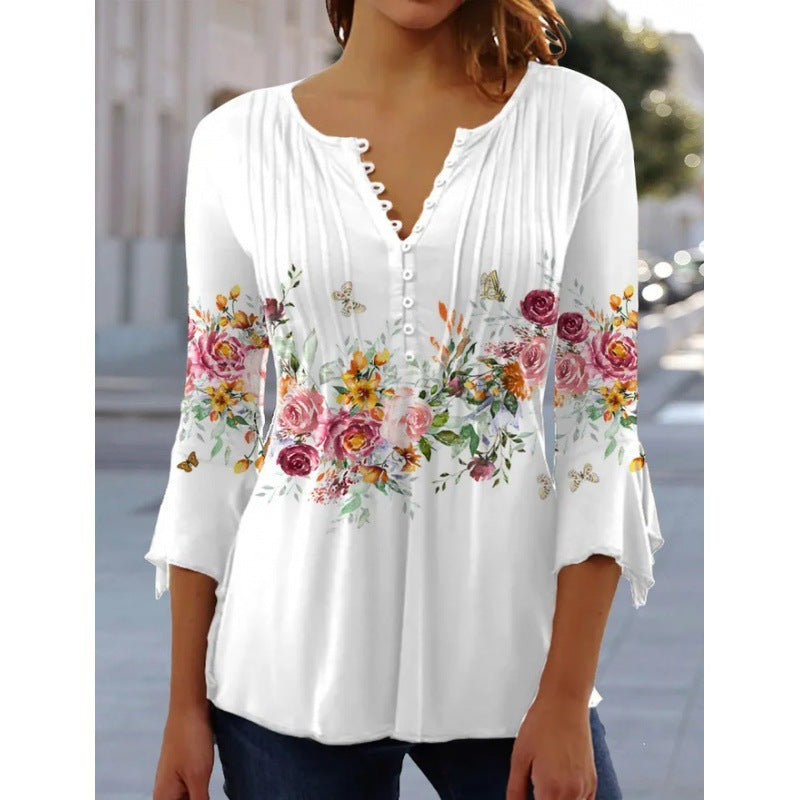 Women's Printed Sleeve Pleated Button T-shirt Bottoming Blouses