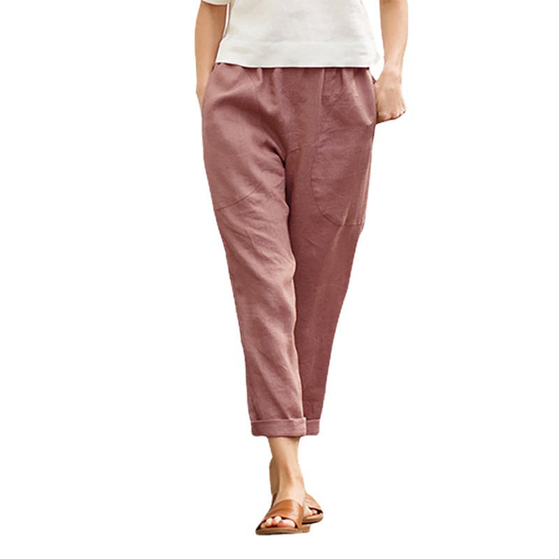 Pantalon en coton confortable de couleur pure à grande poche pour femme