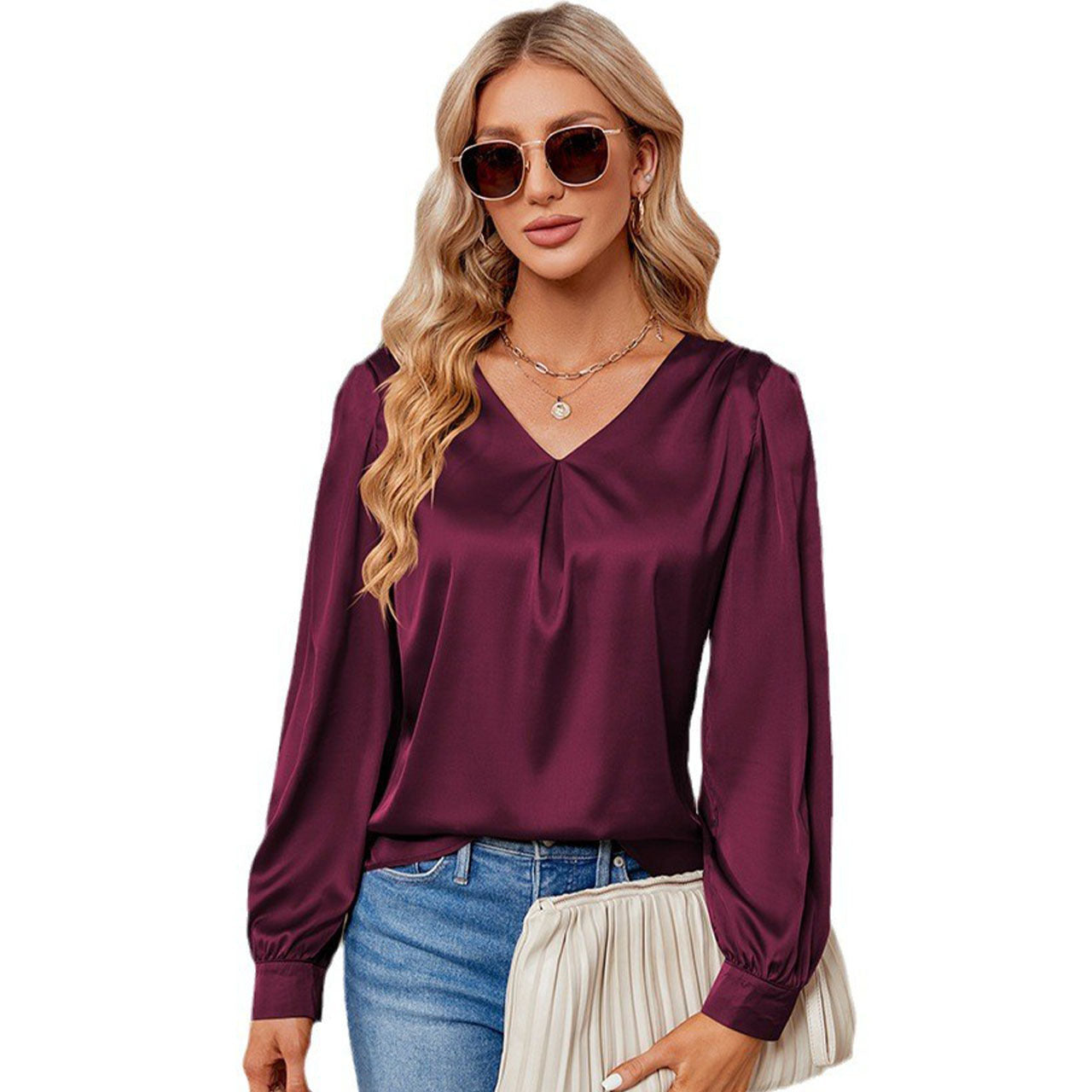 Blouses de chemise à manches longues plissées en satin créatif pour femmes