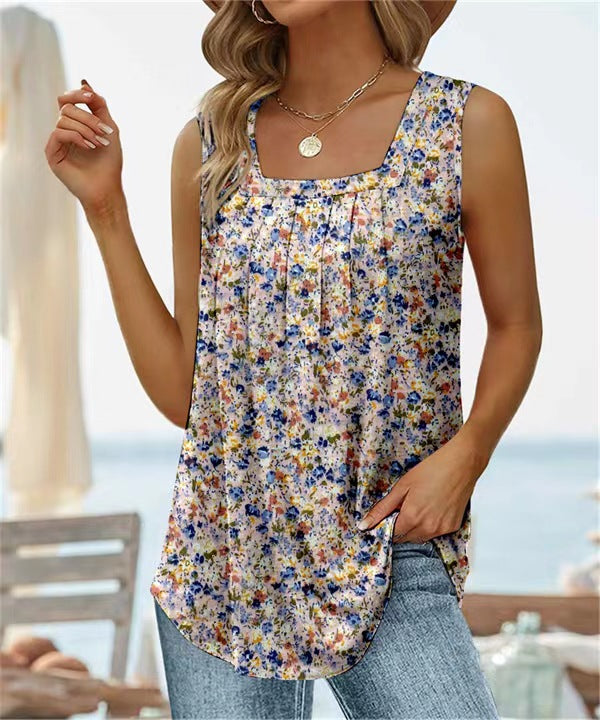 Women's Summer Sleeveless Square Collar Printed T-shirt Blouses