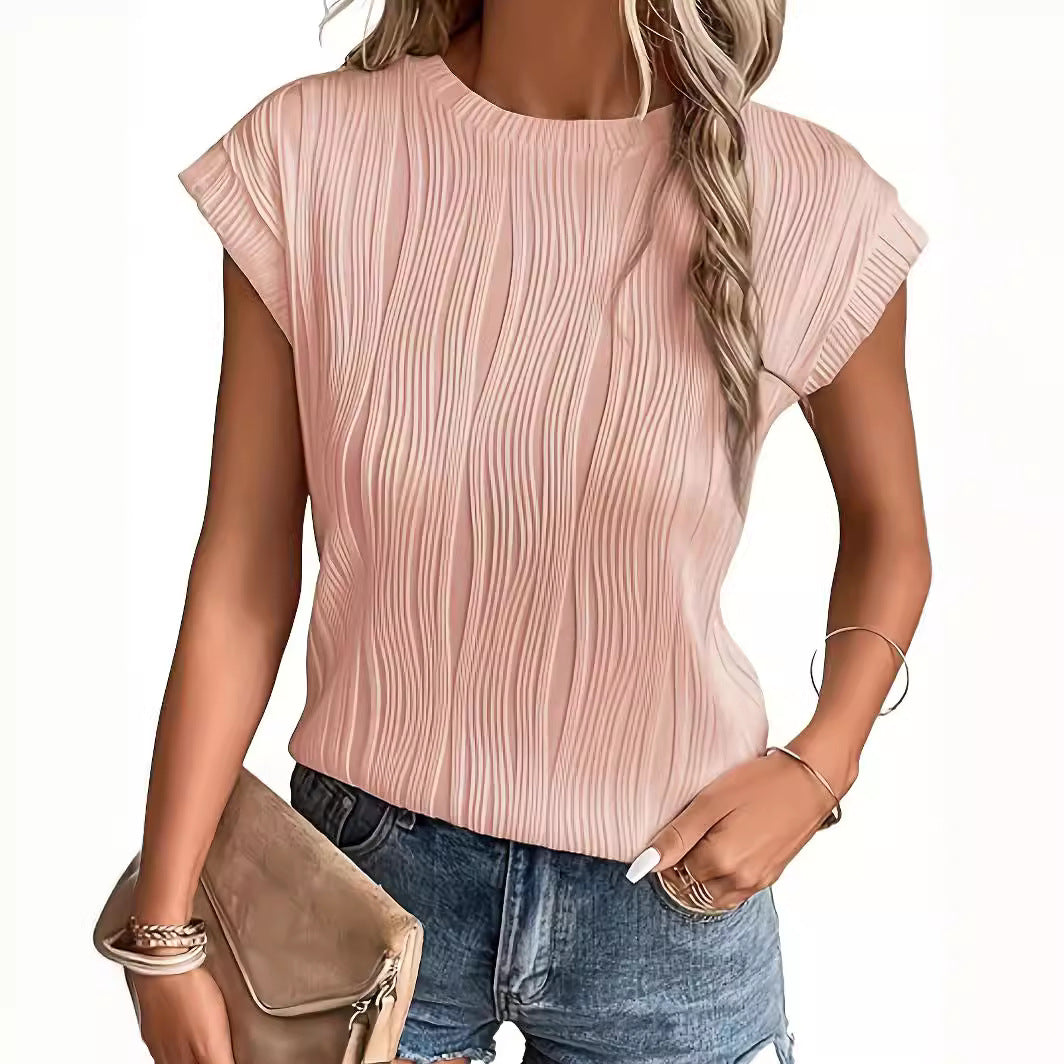 Women's Round Neck Short-sleeved Textured T-shirt Blouses