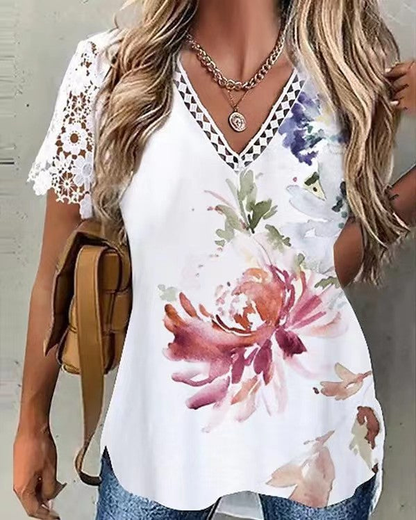 Women's Summer Sleeve Stitching Printing V-neck T-shirts Blouses